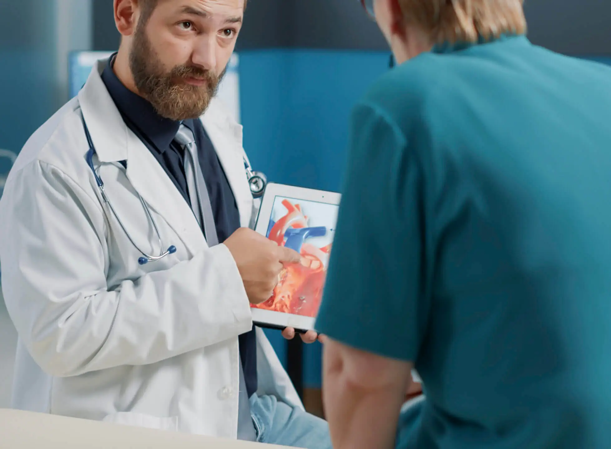 General practitioner holding tablet with heart condition cardiology illustration consultation