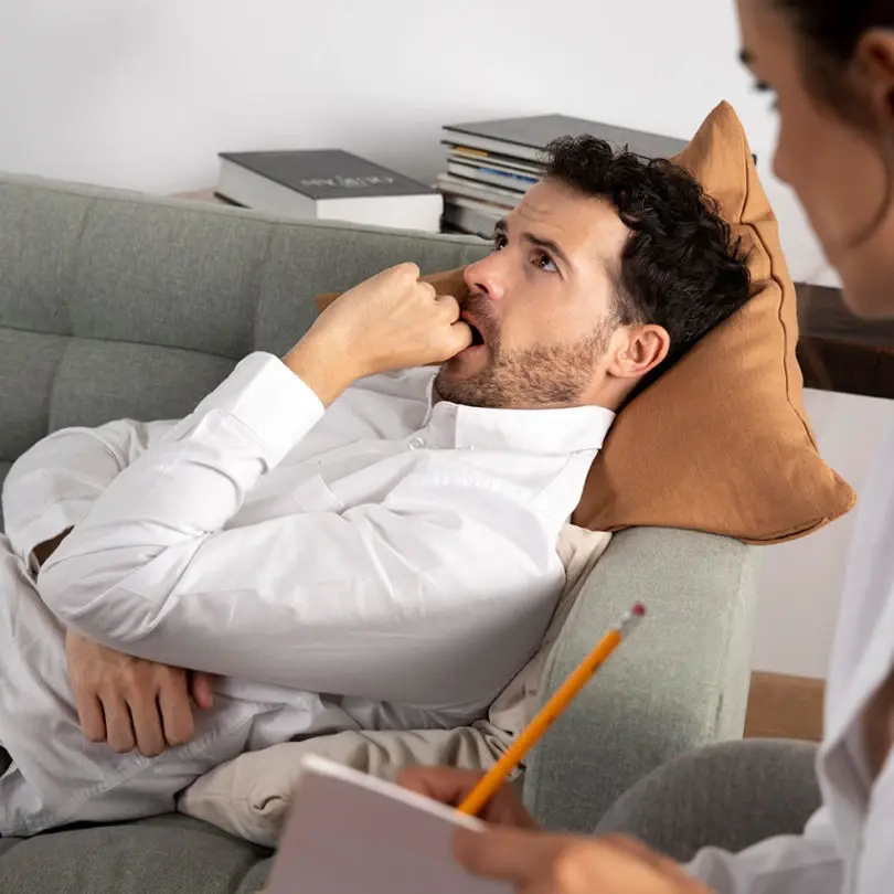 Thoughtful man in a white shirt reclining on a couch with a hand on his chin