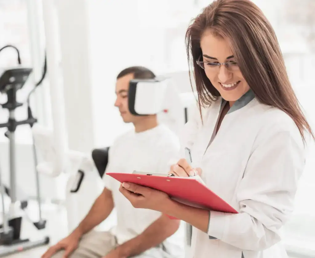 Optometrist with patient doing exam.