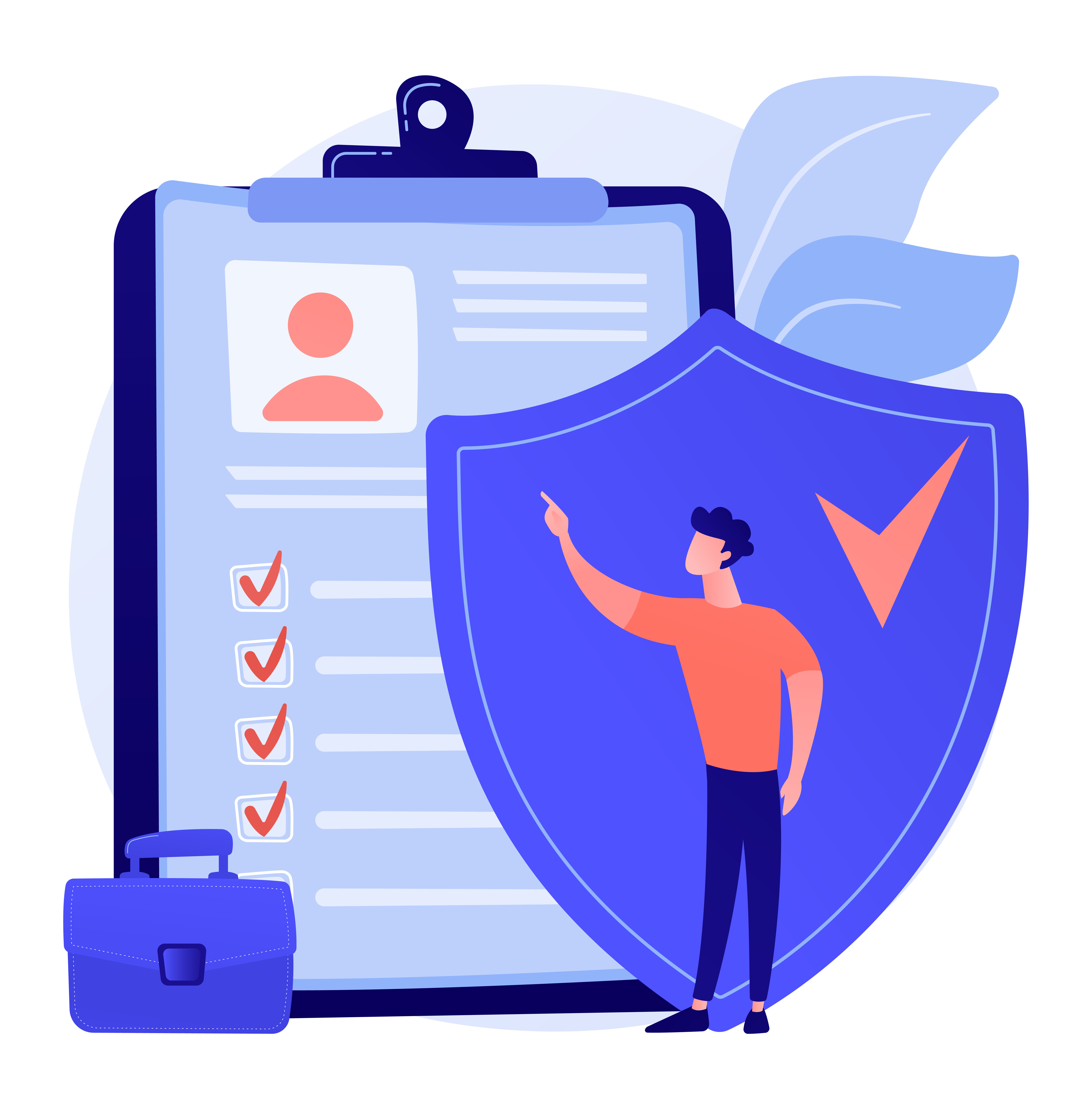 Person presenting checklist with shield and briefcase.